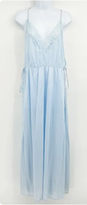 Pandora of California Womens‎ Vintage 70s Blue Lace Trim Coquette Nightgown XL thumbnail 1