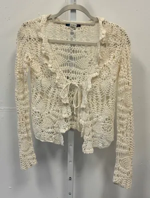 Y2K Coolwear USA Crochet Cardigan Cream Ramie Cotton Tie Front Boho Medium Boho thumbnail 1