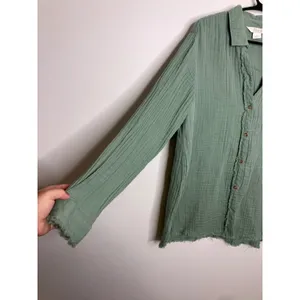 Natural Reflections Button Down Women M Green Excellent Frayed Cotton Gauze Top thumbnail 3