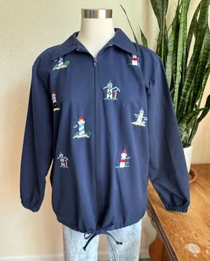 Vintage Lighthouse Embroidered‎ Zip Up Jacket Navy Coastal S thumbnail 1