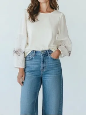 New Cost Plus World Market Cream Blouse Embroidered Sleeves sheer poof Sleeves thumbnail 2