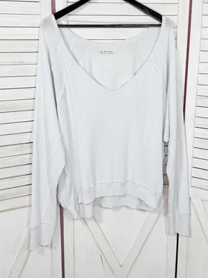 Free People Santa Clara Thermal Oversized Slouchy Top‎ Medium Blue White thumbnail 7