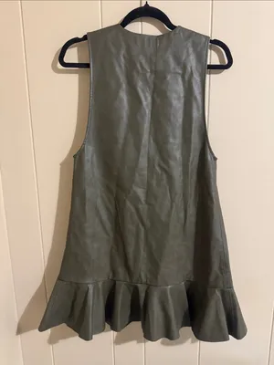 Zara Olive Green Faux Leather V-Neck Dress with Ruffle Hem thumbnail 5