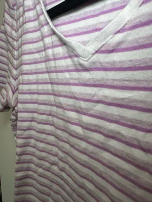 Talbots 100% Cotton Short Sleeve Striped V-Neck T-Shirt Size L White and Purple thumbnail 4