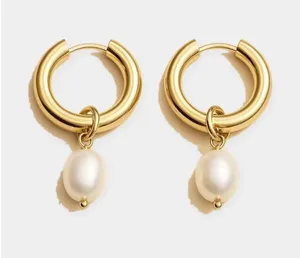 Bethany Pearl Drop Hoop Earrings - Gold with White Pearl thumbnail 1