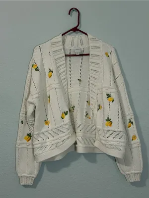 Maeve Lemon Embroidered Chunky Knit Open Sweater White Cream Women's Size Medium thumbnail 4