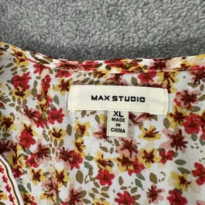 Max Studio Floral V-Neck Blouse Women's XL Yellow/Red Belted Ruffle Boho thumbnail 7