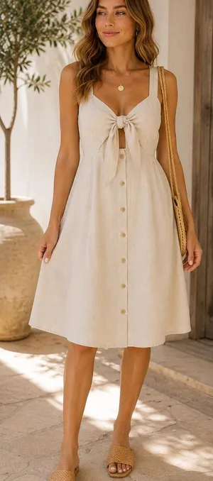ASTR The Label Linen Blend Tie Front Button Midi Dress Small thumbnail 1