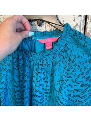 Lilly Pulitzer Silk Caline Metallic Turquoise Top Long Sleeve Blouse, size Large thumbnail 3