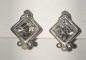 Vintage Satin Silver Tone & CZ Rhinestone Classic Retro Boho Clip On Earrings thumbnail 1
