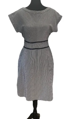 Monteau Blue White Striped Belted Round Neck Short Sleeve Knee Length Dress S thumbnail 1