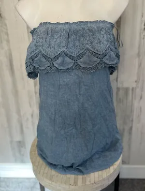 Knox Rose Chambray Blue Strapless Embroidered Lace Trim Boho Top Size S thumbnail 1