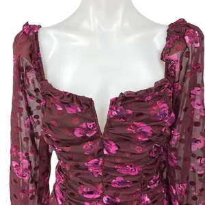 ASTR The Label Red Maroon Floral Sheer Long Sleeve Crop Blouse Top Size M thumbnail 3