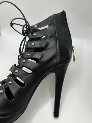 Black Studded Strappy Lace Up Stiletto Heel Ankle Booties Open Toe 6 Rocker Glam thumbnail 6