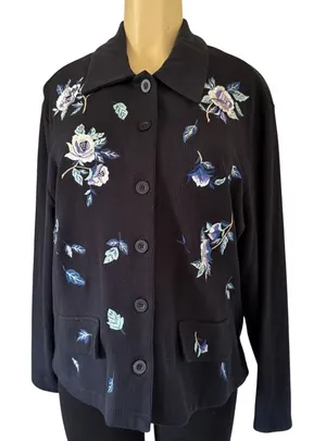 Vintage Together! Women’s Black Embroidered Floral Button Up Cardigan Sweater XL thumbnail 1