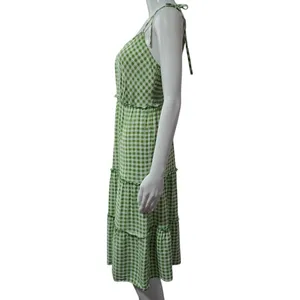AS U Wish Gingham Smocked Tiered Midi Dress Green White Tie Shoulder Size L thumbnail 3