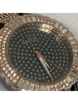 DayTrip iced dial gold black tone women watch large case 46mm size 6.5” running thumbnail 3