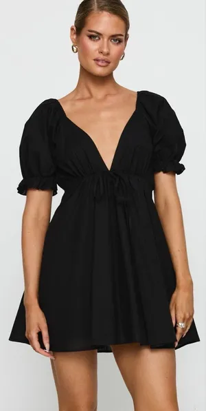 Princess Polly Blissful Black Puff Sleeve Plunge Mini Dress Womens US 10 New NWT thumbnail 1