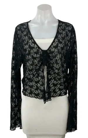 H&M Divided Women's Black Butterfy Lace V-neck Long Sleeve Sheer Crop Top Sz XL thumbnail 1