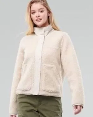 Hollister Cream Sherpa Bomber Jacket Full Zip with Snaps Size XS Off White thumbnail 1