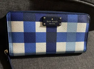 KATE SPADE - 'ANITA' Blue & White Plaid Check Continental Long Full Zip Wallet thumbnail 1
