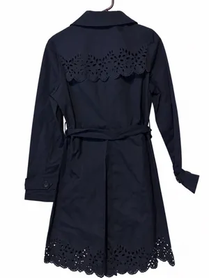New York & Company Navy Belted Trench Coat Floral Eyelet Scalloped Hem size m thumbnail 6