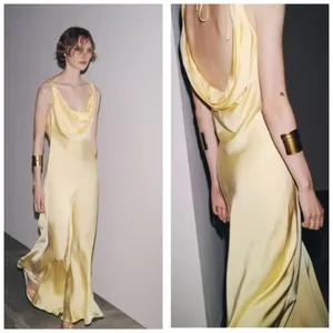 Zara Butter Yellow Satin Cowl Neck Midi Slip Dress Size Large Cocktail Wedding thumbnail 13