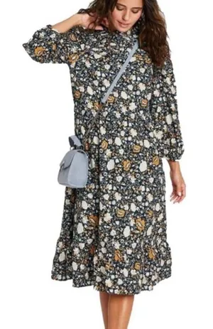 Universal thread long sleeve floral midi dress‎ blue orange size medium thumbnail 1