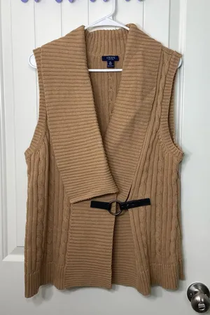 EUC CHAPS women’s tan thick cable knit buckle front sleeveless sweater‎ top XL thumbnail 1