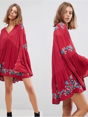 Free People Te Amo Embroidered Boho Mini Dress Red Ruby XS thumbnail 7