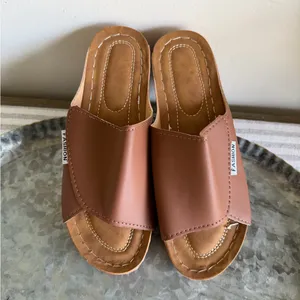 Women's NEW Wedge Slip On Tan Colored Open Toe Shoe #260768 thumbnail 6