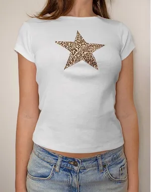 White Cropped Tee with Leopard Star Detail thumbnail 1