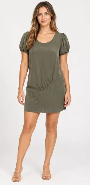 Marni 100% Silk Olive Green Ruched Puff Sleeve Shift Mini Dress M thumbnail 1