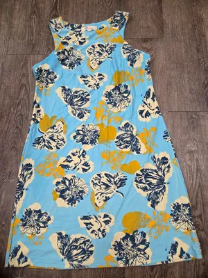 Aryeh Women's Blue Navy Yellow Sleeveless Stretchy Flowy Short Dress Medium thumbnail 1