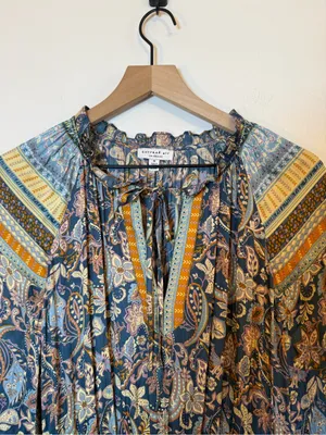 Current Air Bohemian Paisley Floral Printed Pleated Long Sleeve Mini Dress thumbnail 4