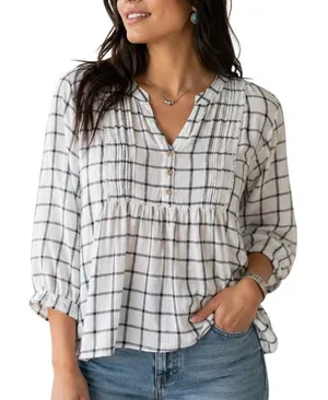 Wrangler White Black Plaid Pintuck Blouse Western Boho Size Medium thumbnail 1