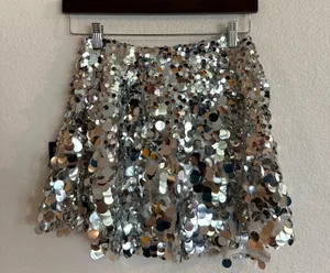 Free People Womens Skirt Silver Can't Get Enough Sequin Asymmetrical Size 0 thumbnail 1