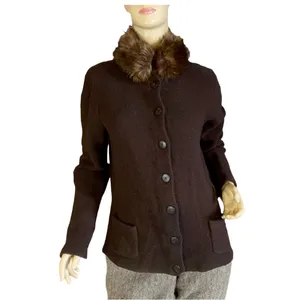 Vtg Y2k Lauren Ralph Lauren Brown Lambswool W/Faux Fur Collar Cardigan (L) thumbnail 2