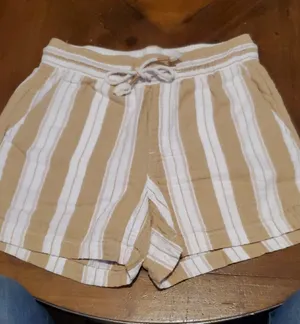 Old Navy Tan and White Striped High-Waist Drawstring Shorts thumbnail 1