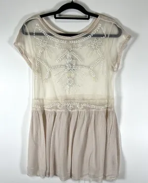 Free People Top Womens‎ Cream Sheer Beaded Mesh Boho Lace Top Size M NWT Boho thumbnail 1