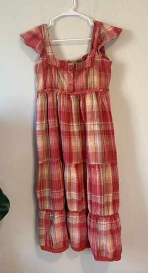 Vintage Jane Ashley Red Plaid Tiered midi dress with tie waist on back small thumbnail 1