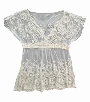 Vintage Y2K Floral Sheer Lace Top Coquette Boho Babydoll Style Romantic #III15-1 thumbnail 1
