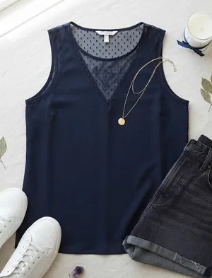 Banana Republic Black Sleeveless Mesh Lace Dotted Shell Blouse‎ Top Small thumbnail 1