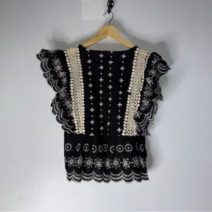 Monograph Black Cream Embroidered Ruffle Short Sleeve Top Boho‎ Medium thumbnail 2