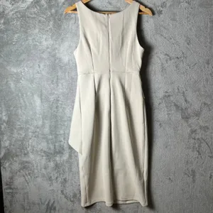 Fehaute‎ Sophisticated Beige Midi Dress Sleeveless Wrap Front Draped Bow MED New thumbnail 5