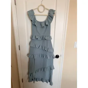 Show Me Your Mumu Greta Dress Women XS Sage-Blue Ruffle Tiered‎ Maxi Slit thumbnail 2