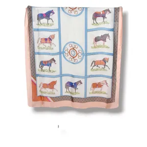 Equestrian Horse Print Satin Scarf Wrap Shawl‎ 35x70 Peach Blue Dressage Riding thumbnail 2