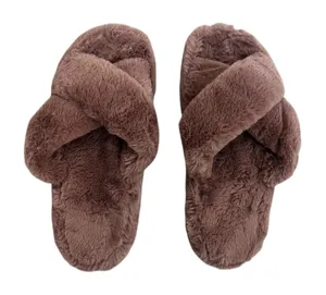 Cross Band Faux Fur Slippers Solid House Shoes Brown Cozy Size 10 thumbnail 1