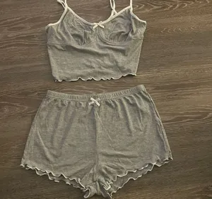New Boutique Women's grey Bow Knot Ruffle Trim Sleepwear Set. Size Medium thumbnail 2