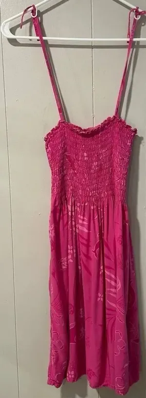 Cabali Hot Pink Smocked Midi Sundress Size M | Hawaiian Floral Beach Dress thumbnail 1